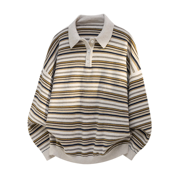 Unisex Oversize-Polo-Strickpullover mit feinem Streifenmuster und halber Knopfleiste Drune