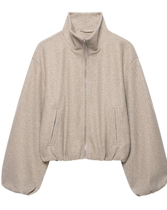 Damen Kurz geschnittene Wollmix-Jacke mit Stehkragen, Reißverschluss und Ballonärmeln Drune