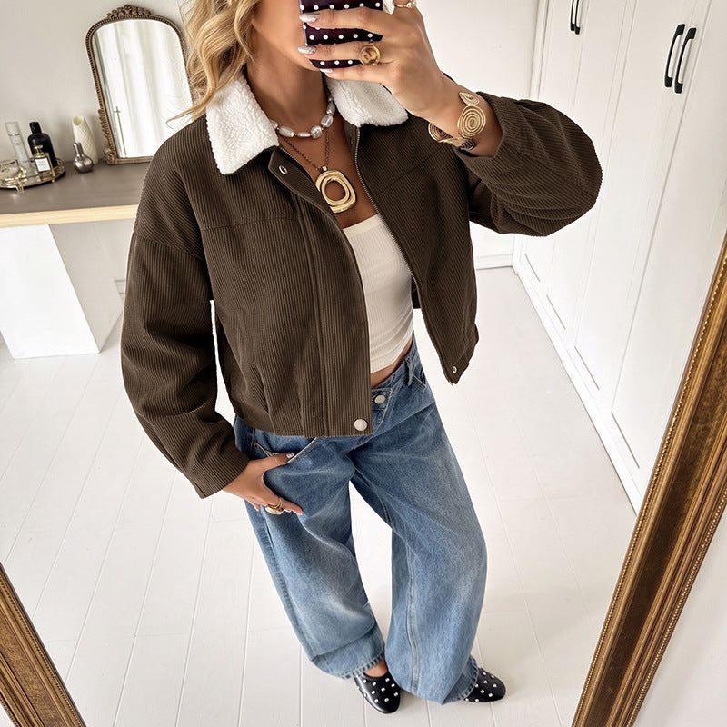 Damen Modische Cordjacke mit Fleecekragen Drune