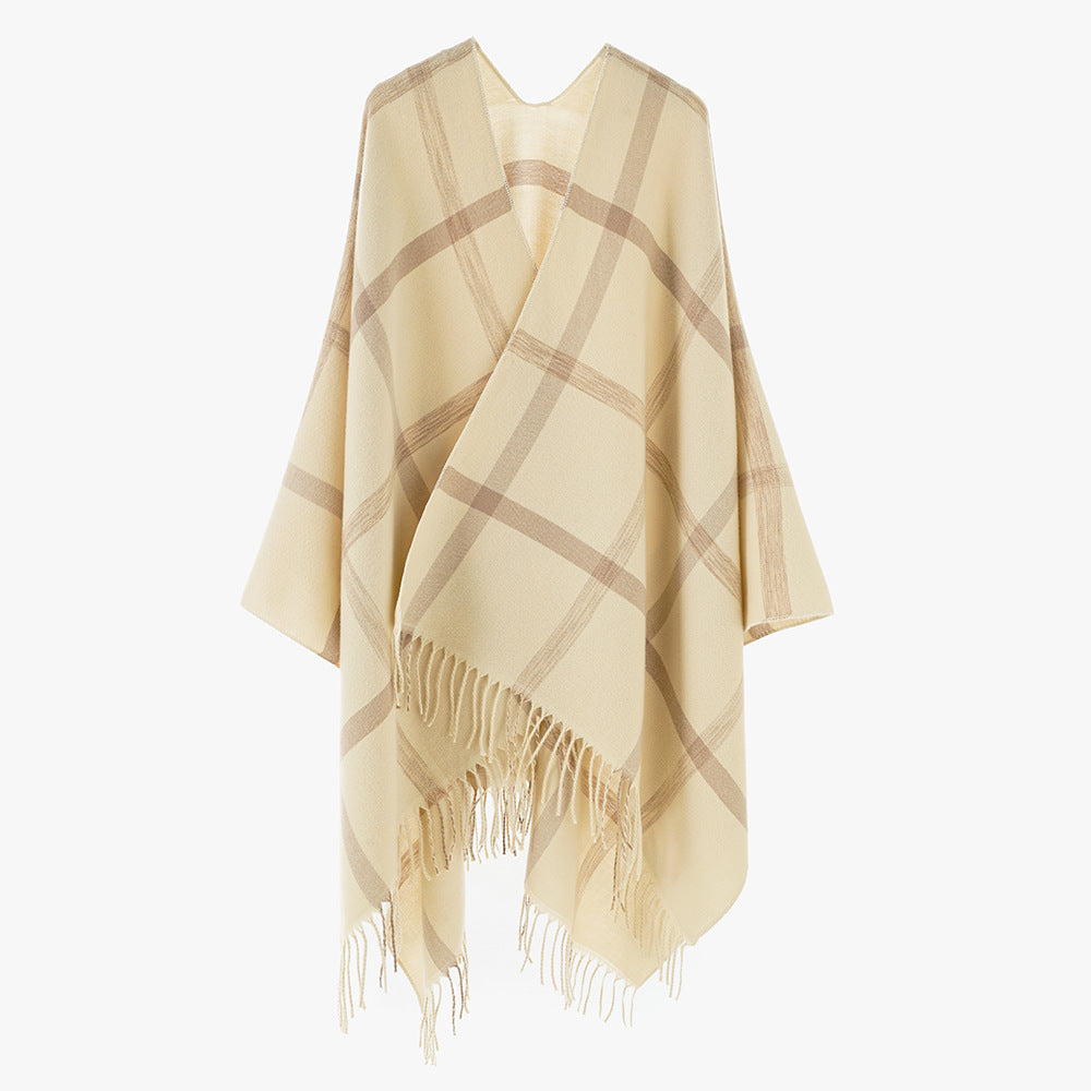 Damen Grobkarierter Wolloptik‑Poncho im Cape‑Schnitt mit lockerem Fall und Fransen Drune