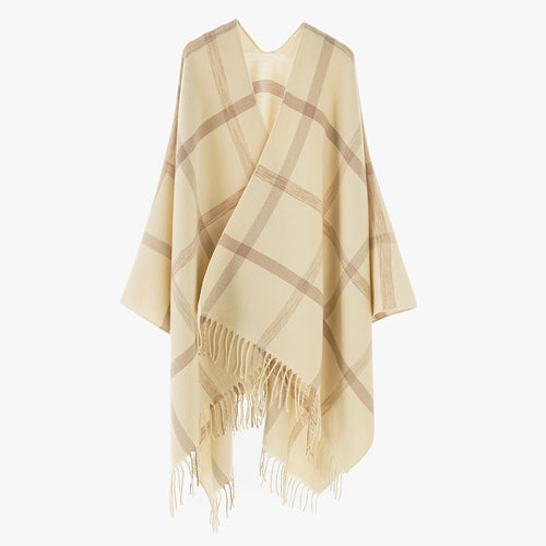 Damen Grobkarierter Wolloptik‑Poncho im Cape‑Schnitt mit lockerem Fall und Fransen Drune