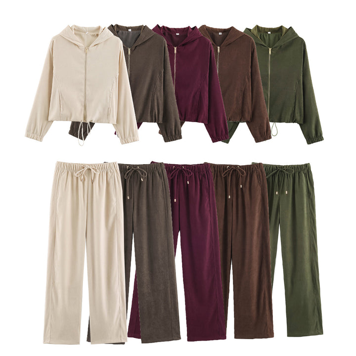 Damen Jersey‑Zweiteiler mit kurzer Kapuzenjacke, Kordelzug und gerader Komforthose Drune