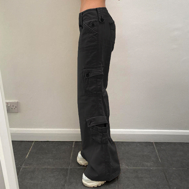 Damen nan hohe Taille Cargo-Hose mit geradem Bein, mehrfachen Klappentaschen und markanten Knopfdetails Drune