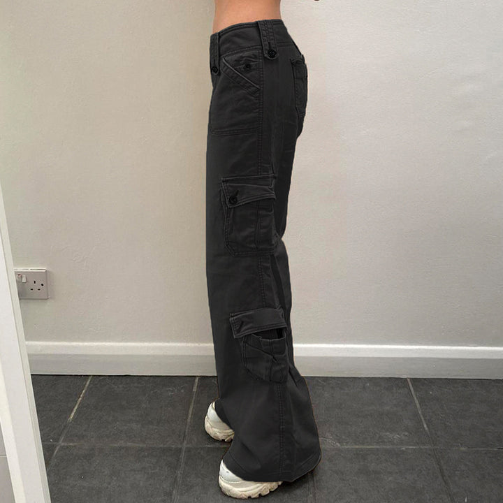 Damen nan hohe Taille Cargo-Hose mit geradem Bein, mehrfachen Klappentaschen und markanten Knopfdetails Drune