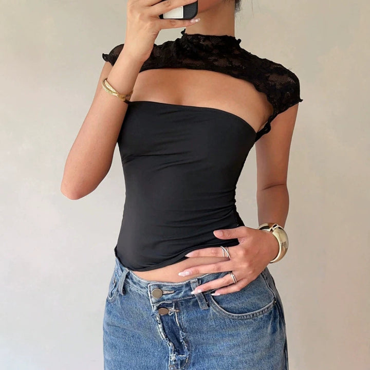 Damen Body mit Spitzenkragen und enganliegendem Schnitt Drune