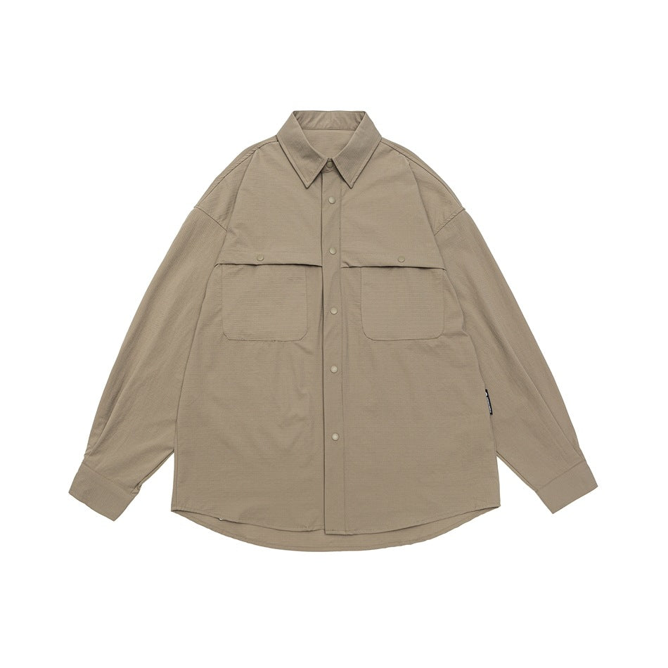 Unisex Weit geschnittene Hemdjacke im Utility‑Stil mit Druckknopfleiste Drune
