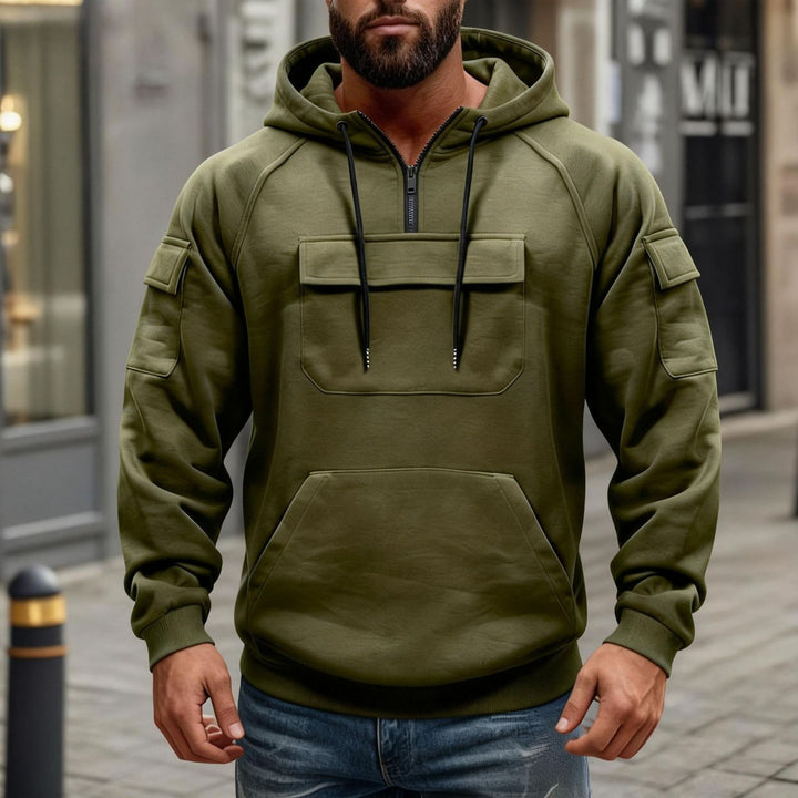 Herren funktionaler Kapuzenpullover mit halbem Frontreißverschluss, aufgesetzter Fronttasche mit Klappe und Kängurutasche Drune