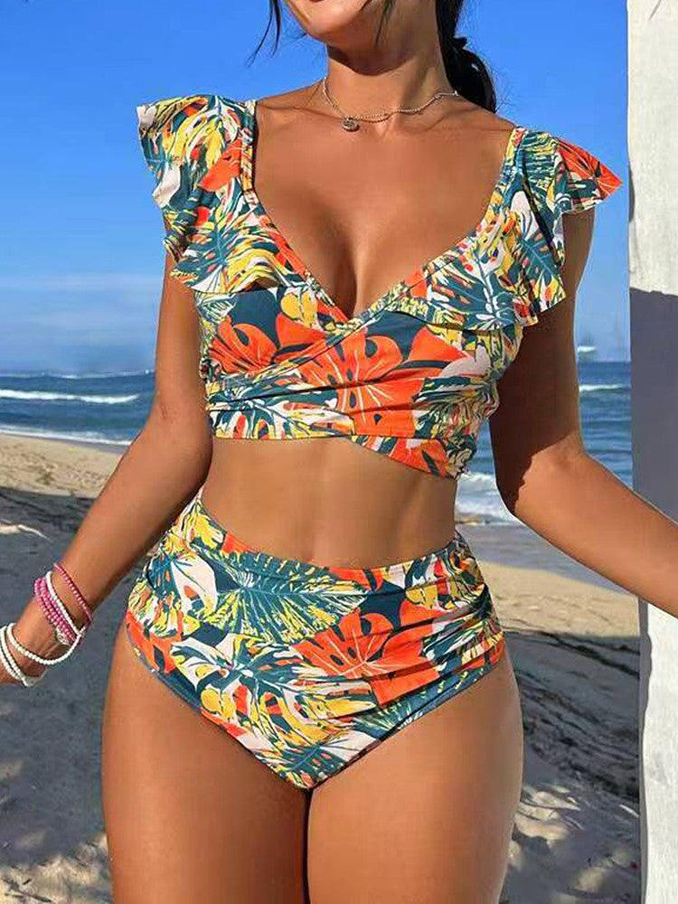 Damen Hoch-tailliertes Badebikini mit verspielten Rüschendetails Drune