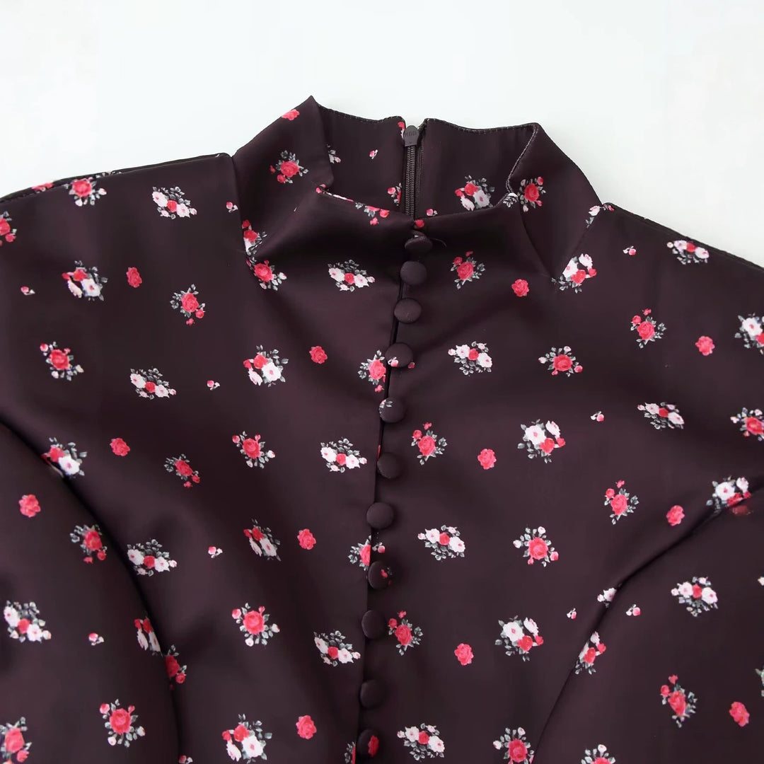 Damen Langärmliges Maxikleid mit Stehkragen, durchgehender Knopfleiste und floralem Alloverprint Drune