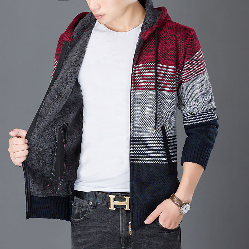 Herren Strickjacke mit Kapuze und modernen Blockstreifen Drune