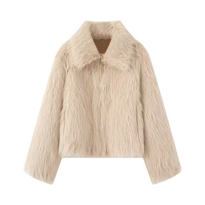 Damen Kurze Kunstfell-Croppedjacke mit voluminösem Schalkragen und Frontreißverschluss Drune