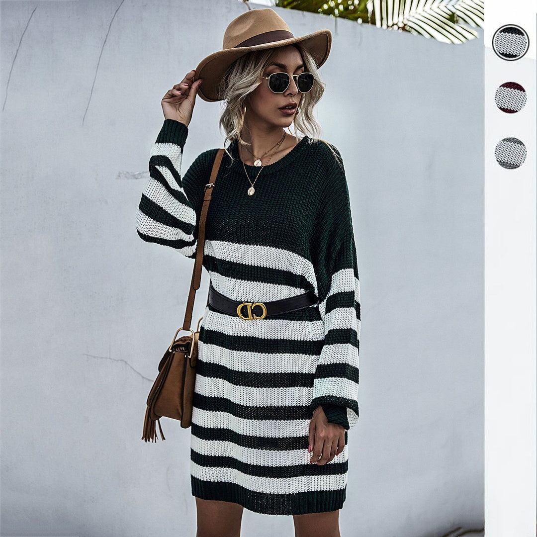 Damen Strickkleid im Oversize-Look mit Blockstreifen und geripptem Saum Drune