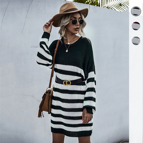 Damen Strickkleid im Oversize-Look mit Blockstreifen und geripptem Saum Drune