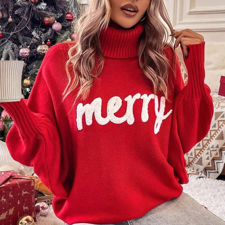 Damen Oversized Rollkragenpullover mit festlichem Schriftzug Drune
