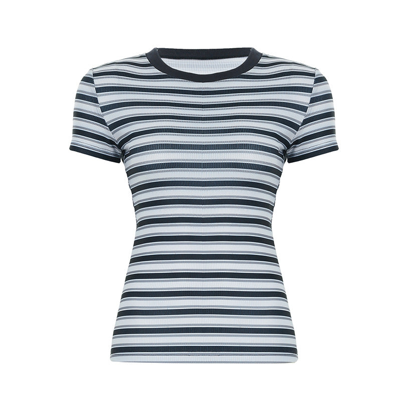 Damen figurbetontes gestreiftes T-Shirt mit Rundhalsausschnitt Drune
