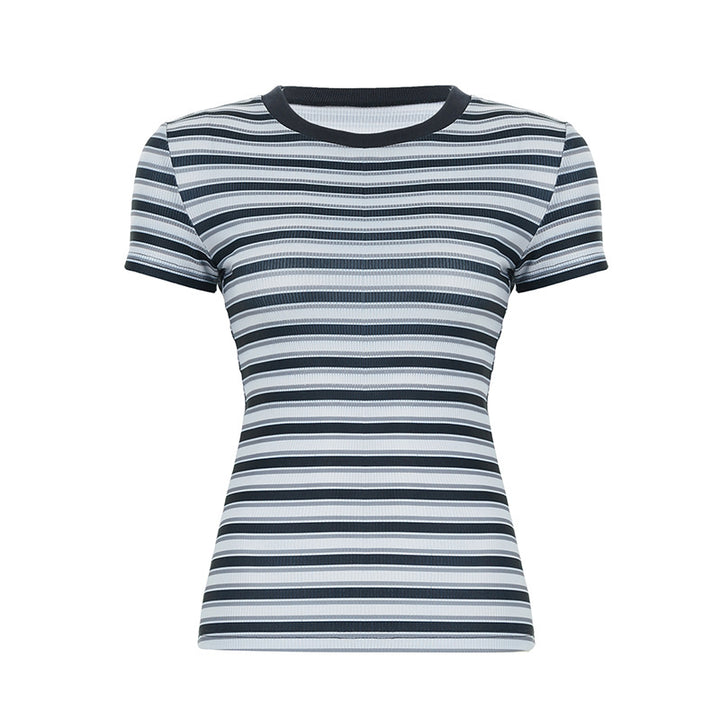 Damen figurbetontes gestreiftes T-Shirt mit Rundhalsausschnitt Drune