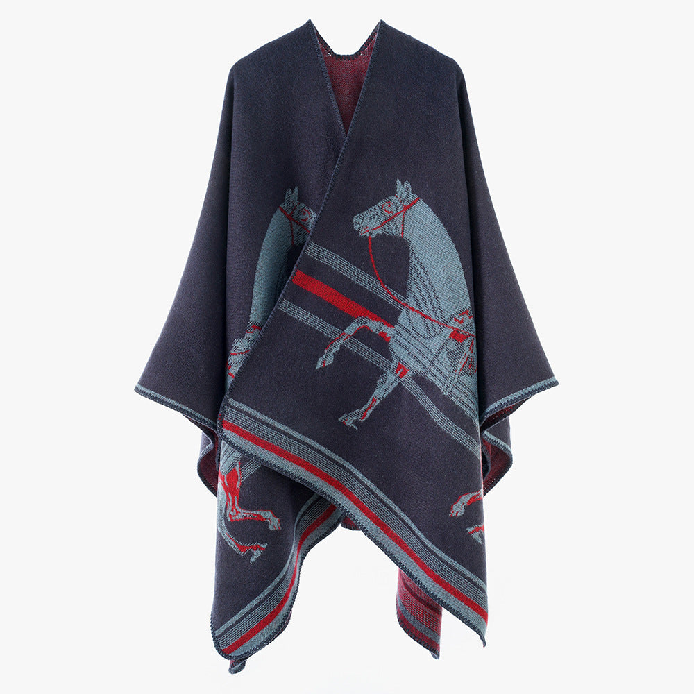 Damen Jacquard‑Poncho mit Pferdemotiv und weichem Wollmix Drune