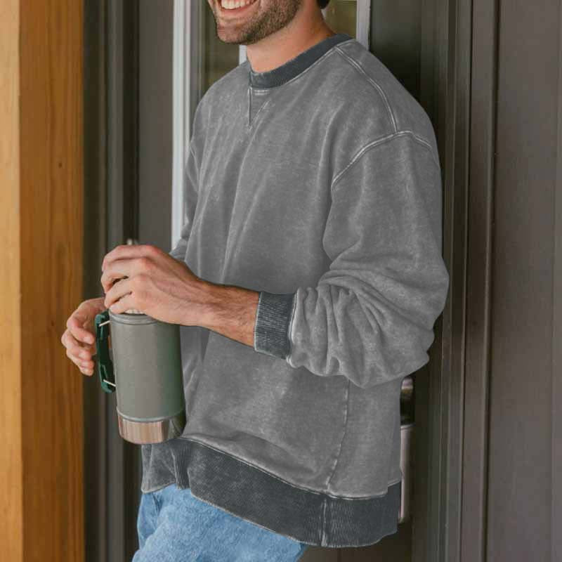 Herren Sweatshirt mit Vintage-Waschung, überschnittener Schulter und V‑Stitch Drune
