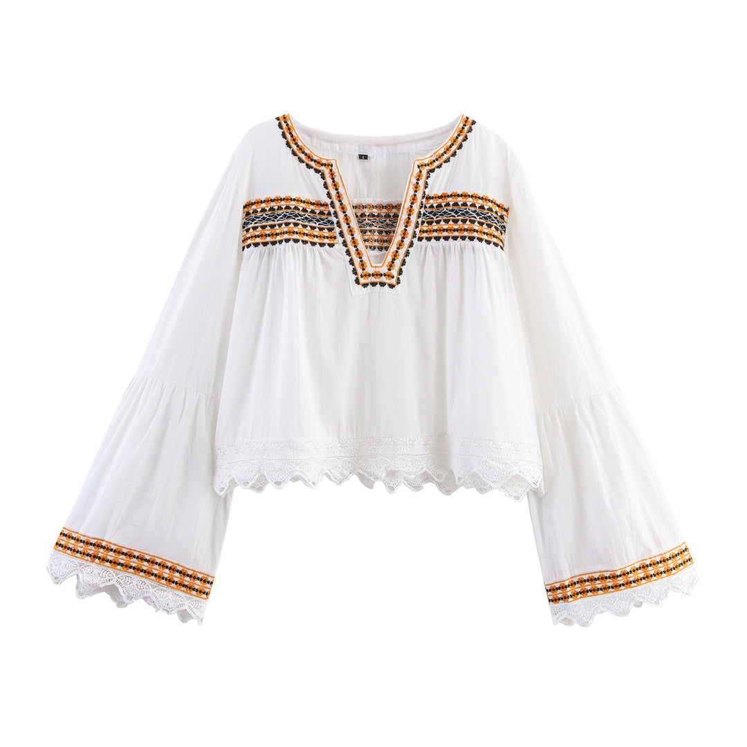 Damen Bestickte Boho-Bluse mit weiten Glockenärmeln und Spitzensaum Drune