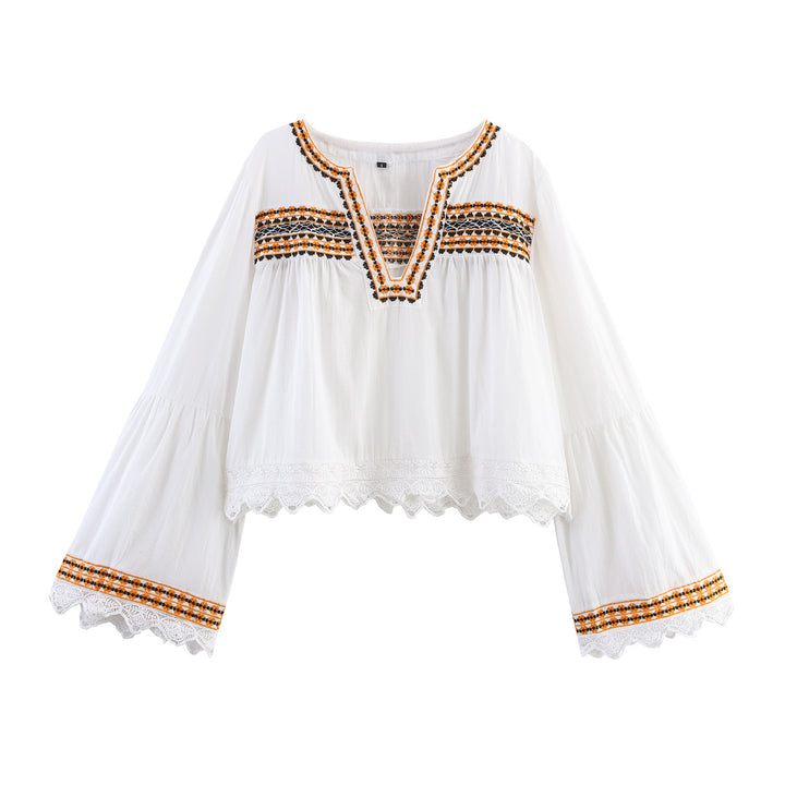Damen Bestickte Boho-Bluse mit weiten Glockenärmeln und Spitzensaum Drune