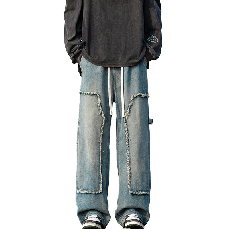 Herren Weite Denim-Cargohose mit Fransen-Patchtaschen und Tunnelzugbund Drune