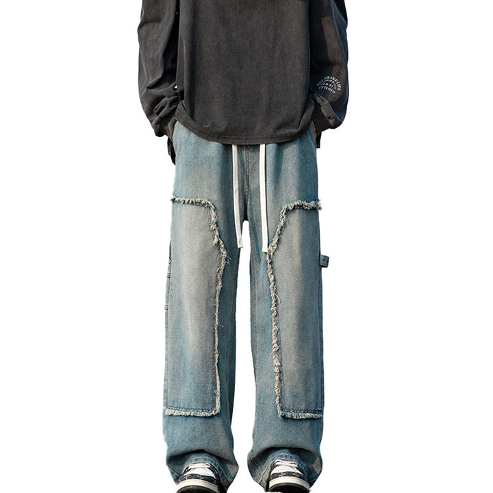 Herren Weite Denim-Cargohose mit Fransen-Patchtaschen und Tunnelzugbund Drune