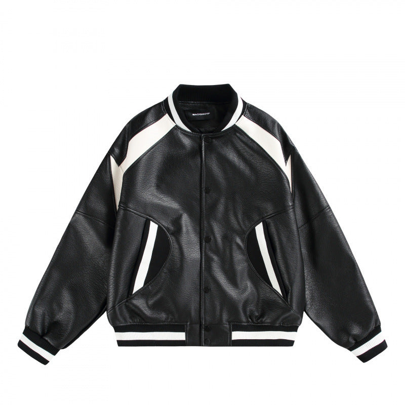 Unisex Boxy Oversize Kunstleder‑Bomberjacke mit Kontrastpaneelen und Rippenbündchen Drune