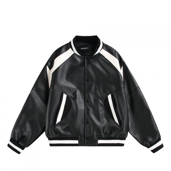 Unisex Boxy Oversize Kunstleder‑Bomberjacke mit Kontrastpaneelen und Rippenbündchen Drune