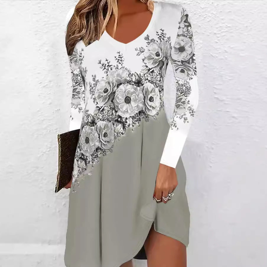 Damen Vokuhila-Kleid mit V-Ausschnitt, langen Ärmeln, floraler Diagonal-Print und seitlichem Schlitz Drune