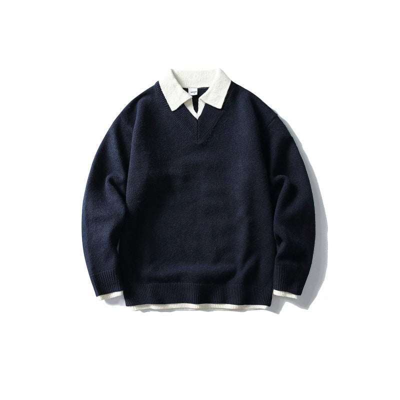 Unisex Oversize-Strickpullover mit kontrastpolokragen und V-Ausschnitt Drune