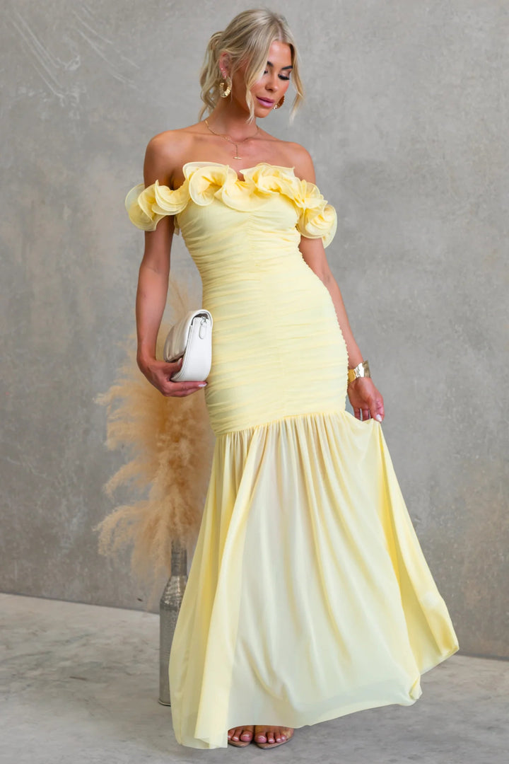 Damen Off-Shoulder Maxikleid mit voluminösen Rüschendetails und elegantem Taillenschnitt Drune