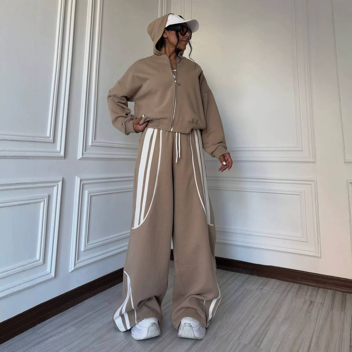 Damen Oversize Kapuzen-Sweatjacke mit Reißverschluss und weitem Trackpant-Set Drune