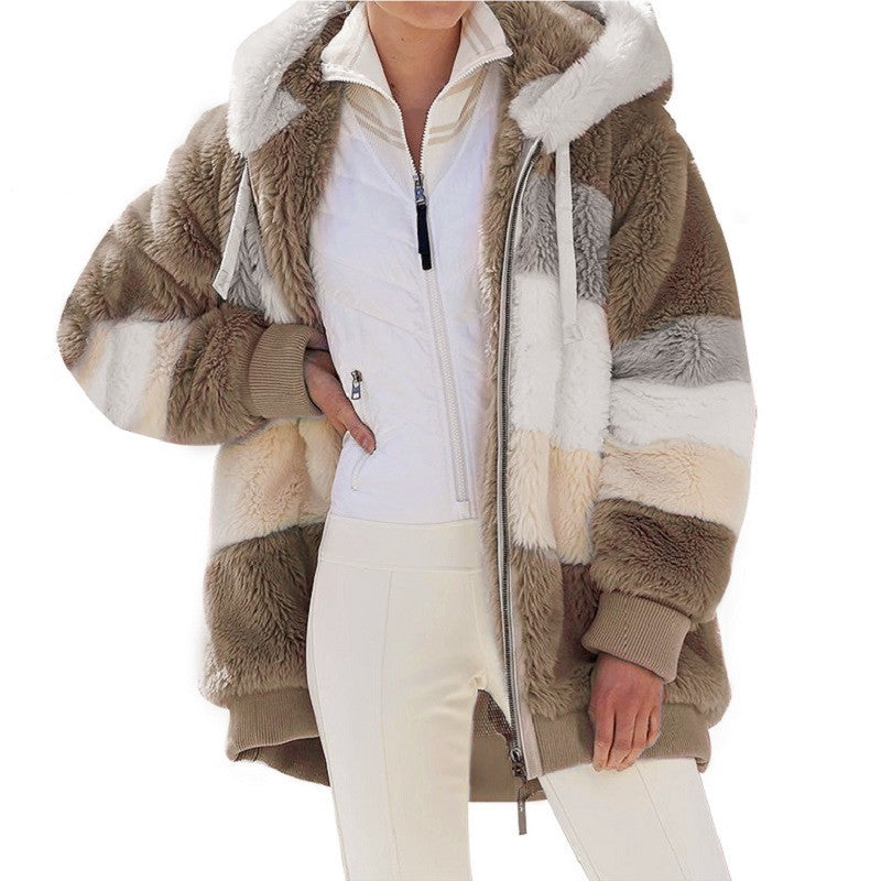 Damen nan Oversize Teddyfell-Kapuzenjacke mit Farbblock-Streifen, hochwertigem Reißverschluss und gerippten Bündchen Drune