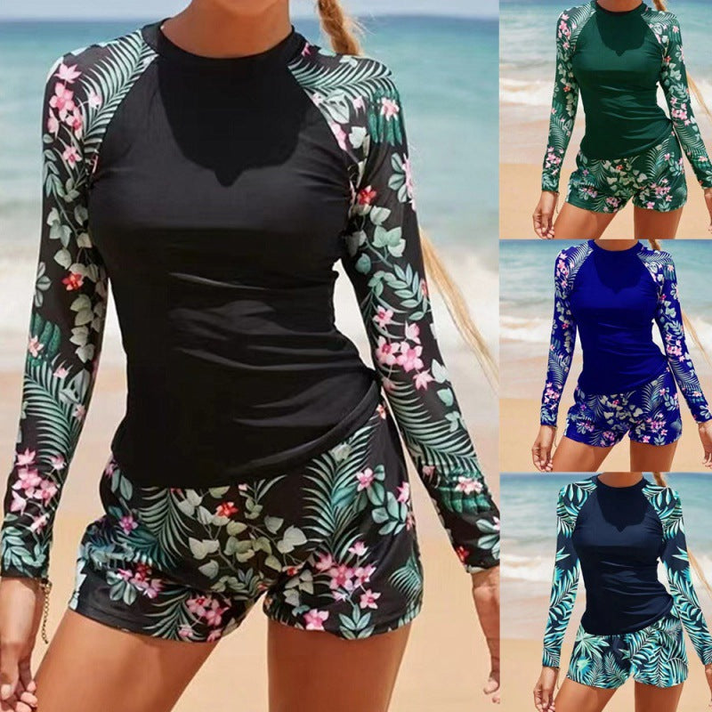 Damen UV-Schutz Badeanzug mit langen Ärmeln und modischem Blätterdesign Drune
