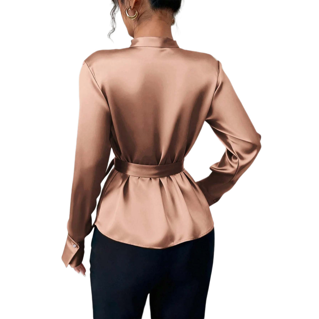 Damen Satin-Wickelbluse mit V-Ausschnitt, Taillengürtel und schmalem Manschettenärmel Drune