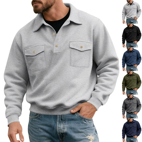 Herren nan Polokragen Sweatshirt mit aufgesetzten Brusttaschen und gerippten Bündchen Drune