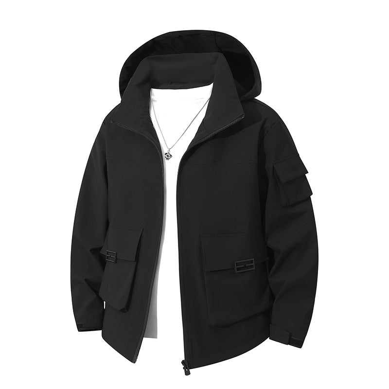 Herren Technische Utility-Kapuzenjacke mit Mehrfach-Pattentaschen und windabweisendem Softshell Drune