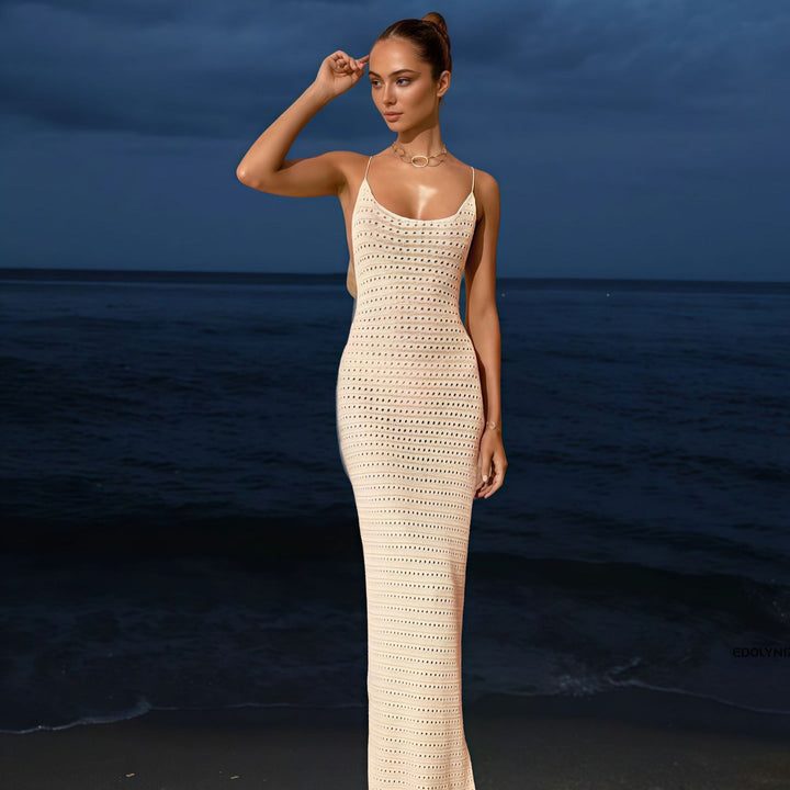 Damen Elegantes Strick-Maxikleid mit transparente Lochmuster Drune