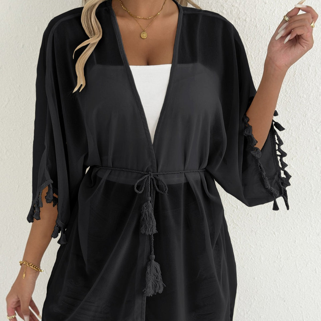 Damen eleganter Strandponcho mit Quasten Drune