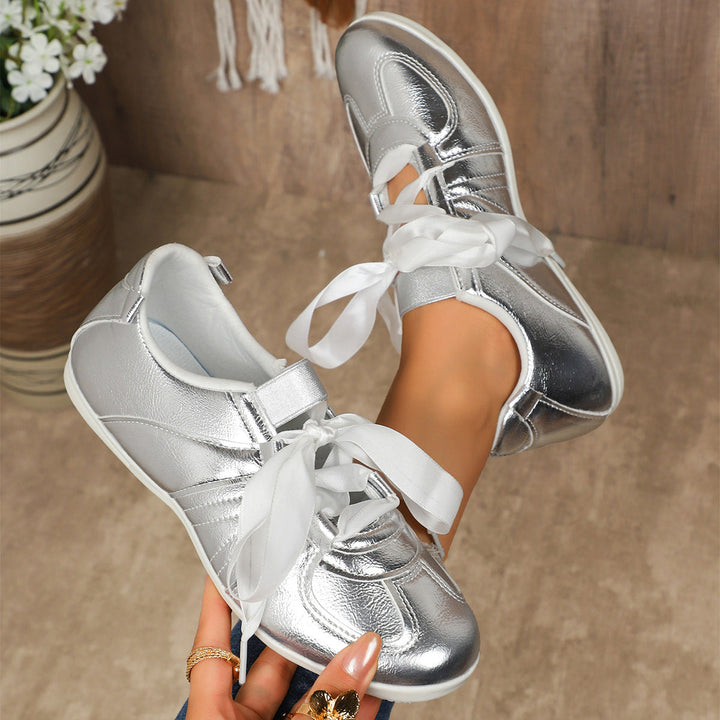 Damen Sportliche Sneaker mit glänzendem Metallic-Obermaterial und bequemer Schnürung Drune