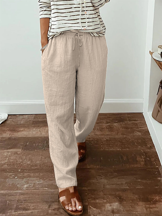 Leichte Damen-Leinenoptik-Hose mit elastischem Kordelzug, Fronttaschen und weitem Bein Drune