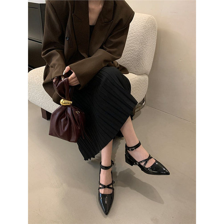 Damen Spitz zulaufende Riemchen‑Mules im Mary‑Jane‑Stil mit verstellbarem Knöchelriemen und geformtem Blockabsatz Drune