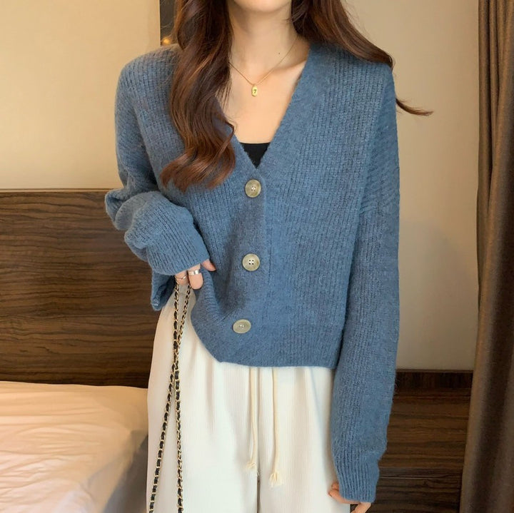 Damen lässige Strickjacke mit hochgeschlossenen Kragen und großen Knopfdetails Drune