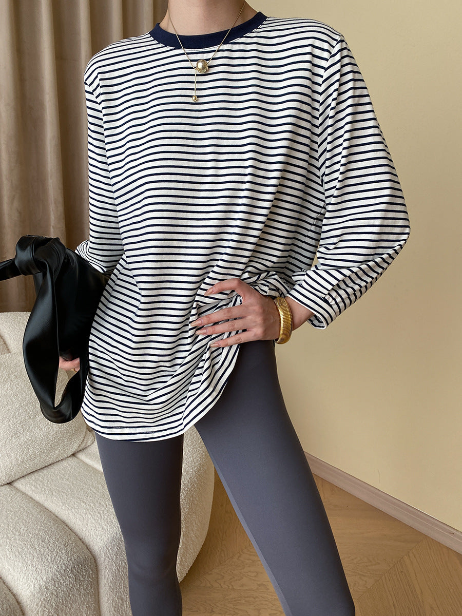 Damen lässiges gestreiftes Langarmshirt mit Rundhalsausschnitt und bequemer Passform Drune
