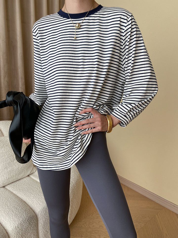 Damen lässiges gestreiftes Langarmshirt mit Rundhalsausschnitt und bequemer Passform Drune