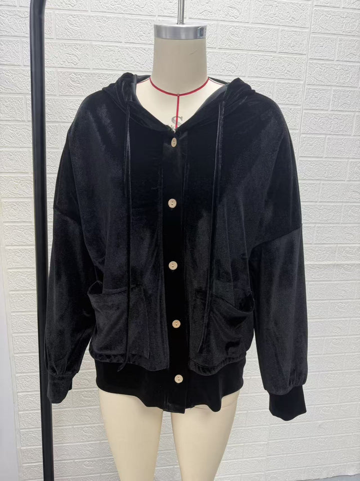 Damen Oversize Kapuzen-Samtjacke mit Knopfleiste und aufgesetzten Taschen Drune
