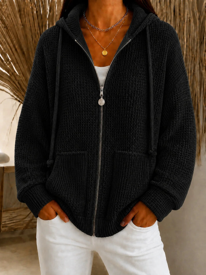 Damen Oversize Waffelstrick-Kapuzenjacke mit Reißverschluss und aufgesetzten Taschen Drune