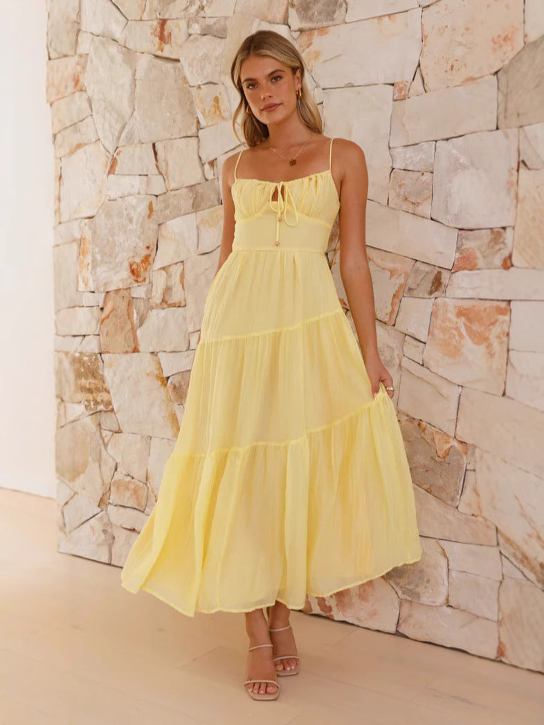 Damen Boho-Chic Maxikleid mit verstellbaren Spaghettiträgern und voluminösem Rock Drune