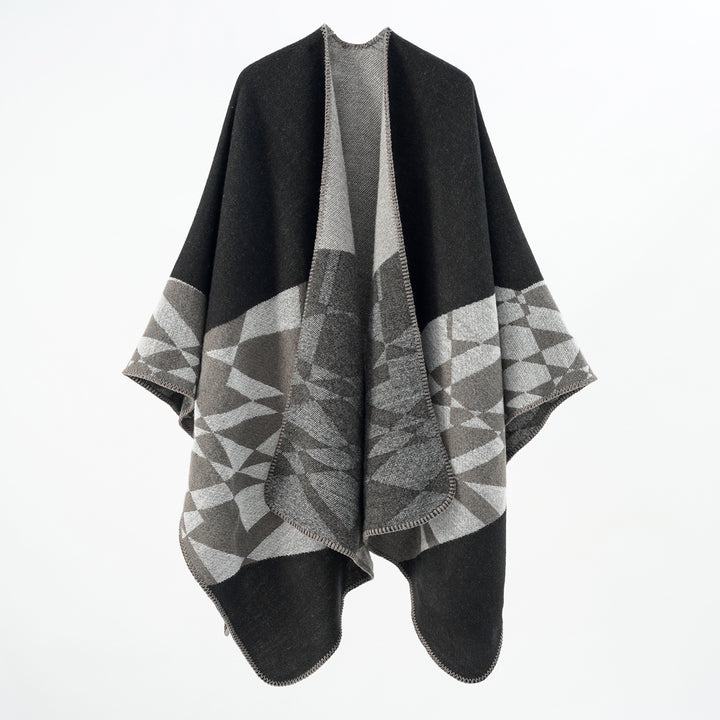 Damen Großer Strickponcho im Cape‑Schnitt mit Ziernaht und geometrischem Intarsia Drune