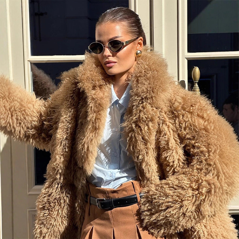 Damen Kurzmantel aus voluminösem Bouclé-Kunstfell mit Wickel- und Taillengürtel Drune